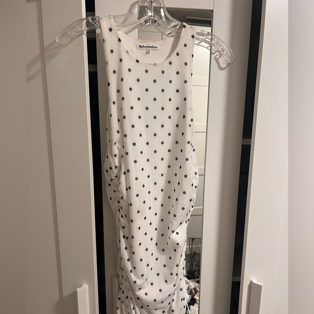 Reformation polka dot tank dress with shirring on sides